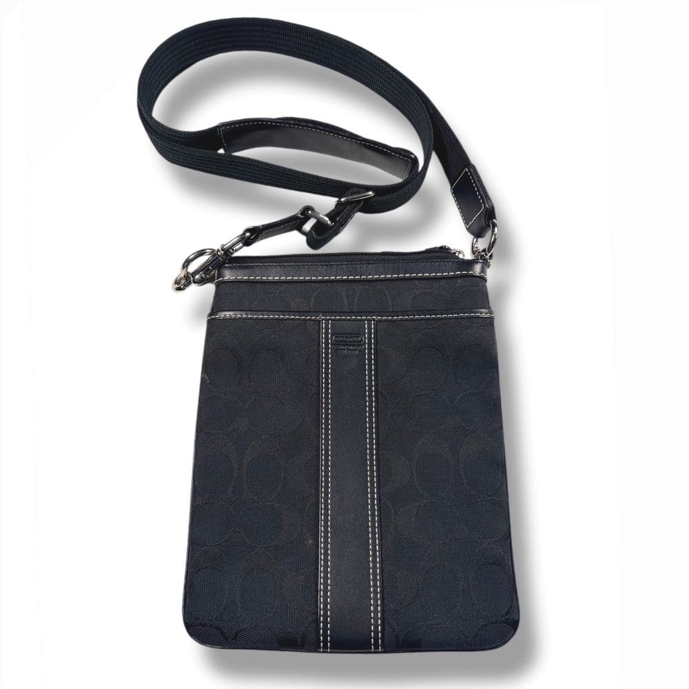 Coach‎ Signature C Black Canvas Leather Trim Crossbody Bag Purse Swingpack Retro